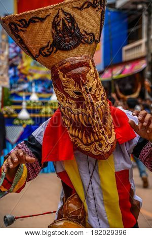 Thai northeastern traditional Phi Ta Khon ghost mask in Phi Ta Khon Festival parade in Dansai Loei of Thailand