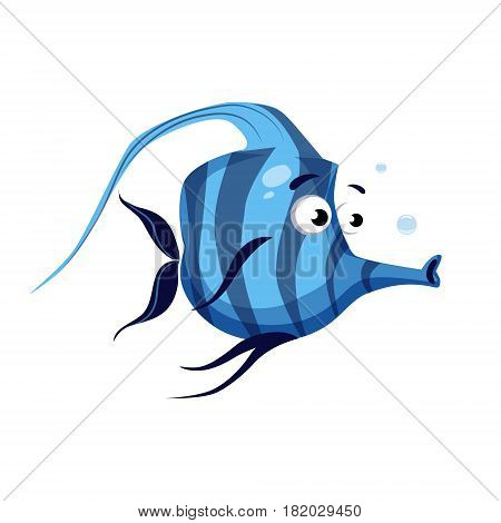 Tropical blue striped fish with a long nose. Sea, tropical, aquarium fish. Colorful cartoon character isolated on a white background