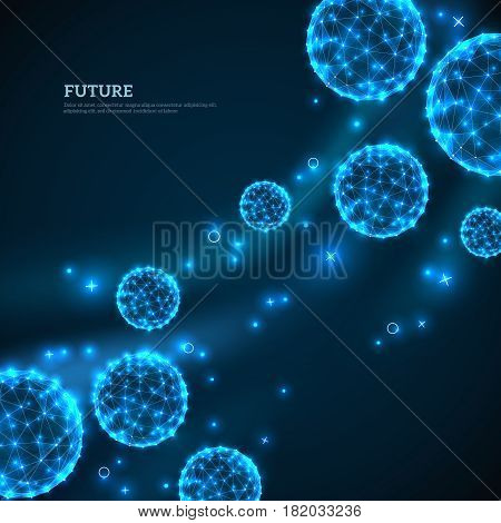 Blue particles flowing towards on dark background. Vector illustration. Abstract molecules impact. Connection Structure. Geometric Modern Technology Concept.