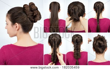 bun with fish tail braid. Simple hairstyle twisted bun with plait tutorial. Hairstyle tutorial step by step