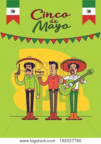 Cinco De Mayo poster design. Mexicans characters set. Vector template with copy space for your holiday celebration at a bar, restaurant