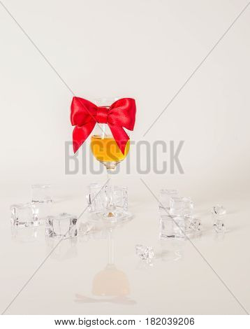 Set Of Single Malt Tasting Glasses, Single Malt Whisky In A Glasses, White Background, Red Bow