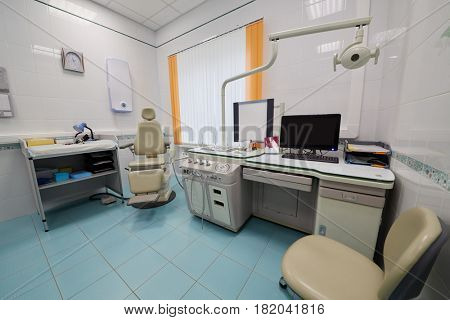 Interior of room with medical equipment.