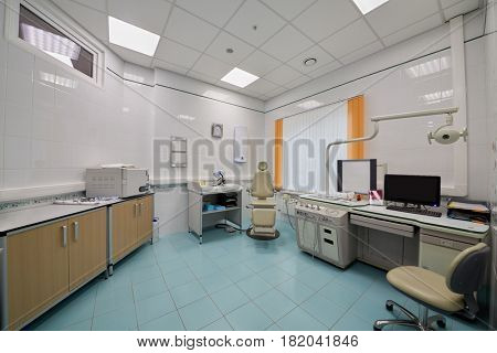 Interior of room with medical equipment.