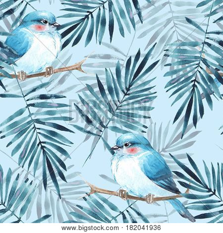 Floral pattern with birds. Seamless background with watercolor leaves
