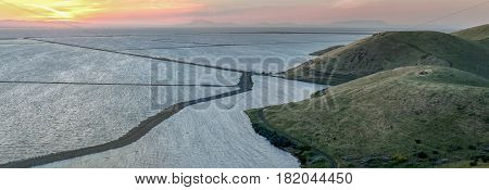 Panoramic Sunset over the Bay Area. Coyote Hills Regional Park in Fremont, Alameda County, California, USA.