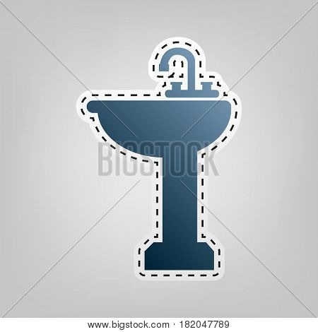 Bathroom sink sign. Vector. Blue icon with outline for cutting out at gray background.