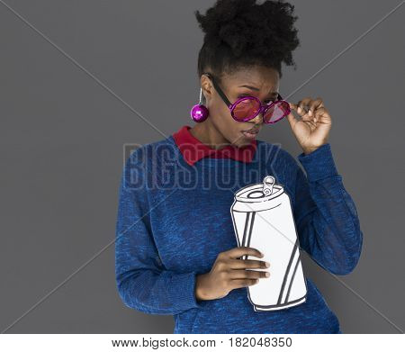 African Woman with Sunglasses Holding a Can Beverage