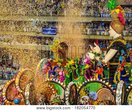 RIO DE JANEIRO - BRAZIL FEBRUARY 26, 2017: The Carnival parade is world famous for the samba dancing, fabulous costumes and magnificent floats that roll down Avenida Marques de Sapucai, also known as the Sambadrome.