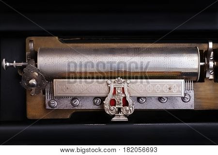 Antique clockwork musical box. End of 19th century 1890s - 1900s. Inside view.