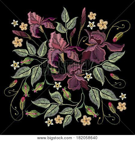 Beautiful spring purple irises against black background embroidery template. Embroidery irises