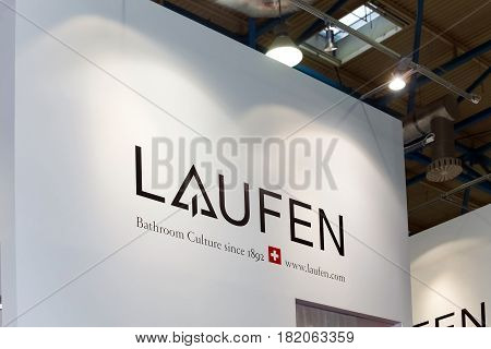 Moscow, Russia - April, 2017: Logo sign of Swiss brand Laufen. Laufen produces ceramic items such as washbasins, bidets and toilets