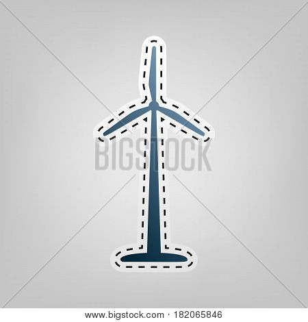 Wind turbine logo or sign. Vector. Blue icon with outline for cutting out at gray background.