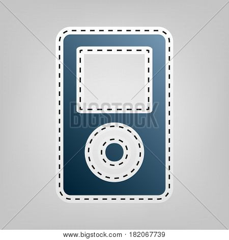 Portable music device. Vector. Blue icon with outline for cutting out at gray background.