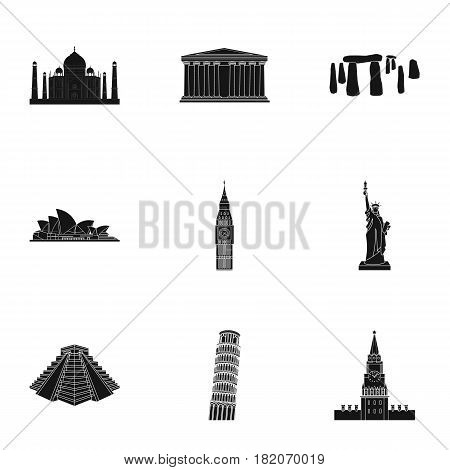 Sights of the countries of the world. Famous buildings and monuments of different countries and cities. Countries icon in set collection on black style vector symbol stock web illustration.
