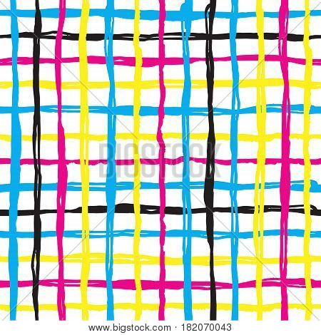 Vector seamless pattern brush cross and cell. yellow blue pink color on white background. Hand painted grange texture. Ink geometric elements. Fashion modern style. Endless fantasy plaid fabric print