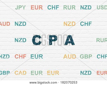 Finance concept: Painted blue text CPA on White Brick wall background with Currency