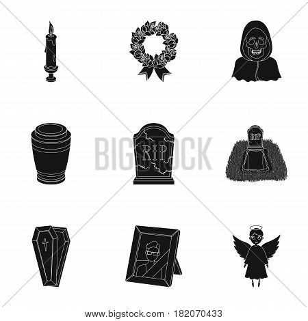 Funeral ceremony, cemetery, coffins, priest.Funeral ceremony icon in set collection on black style vector symbol stock web illustration.