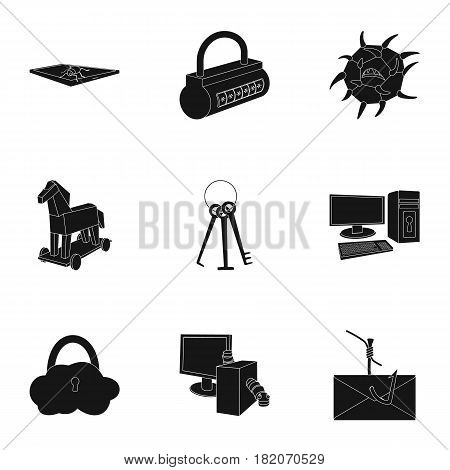 A selection of icons about protection and breaking. Modern technology of protection against breaking. Hackers and hacking icon in set collection on black style vector symbol stock web illustration.