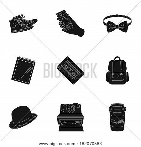A set of icons about the style of a hipster. A peculiar youth style. Hipster style icon in set collection on black style vector symbol stock web illustration.