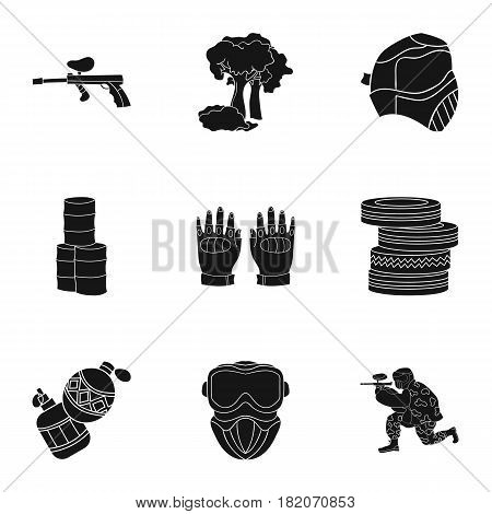 A collection of pictures about the game in paintball. The balloons with paint.Paintball icon in set collection on black style vector symbol stock web illustration.