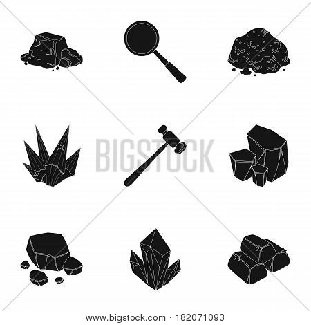 A set of jewelry, crystals, minerals and expensive metals. The jeweler inspects the ornaments.Precious minerals amd jeweler icon in set collection on black style vector symbol stock web illustration.