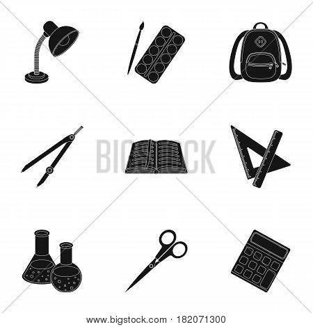 Set of pictures about the school. Study training. Supplies for school.Outfit of the student. School and eduacation icon in set collection on black style vector symbol stock web illustration.