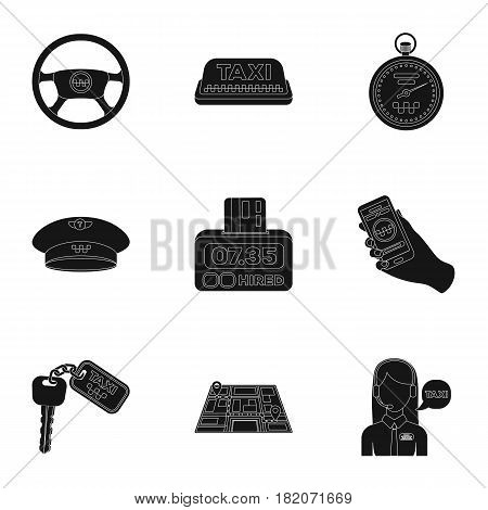 Set of icons about the taxi. A call taxi driver, Parking. Transportation around the city.Taxi icon in set collection on black style vector symbol stock web illustration.