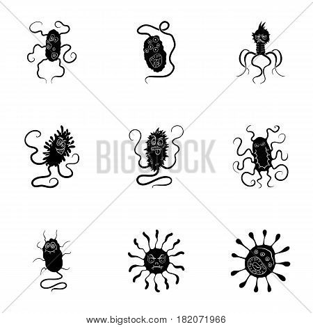 A set of pictures about bacteria and viruses. Germs that are harmful to humans. viruses and bacteria icon in set collection on black style vector symbol stock web illustration.