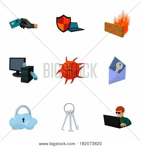 A selection of icons about protection and breaking. Modern technology of protection against breaking. Hackers and hacking icon in set collection on cartoon style vector symbol stock web illustration.