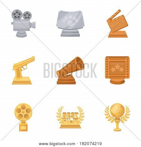 A set of awards for the movie viewings. Gold, silver and bronze awards to the Director, the actor. Moovie awards icon in set collection on cartoon style vector symbol stock web illustration.