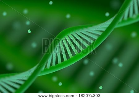DNA chain macroshot. Highly detailed render. Green color. Scientific background or medical backdrop. Great for poster, book cover, flyer or folder. Shallow DOF. 3D illustration