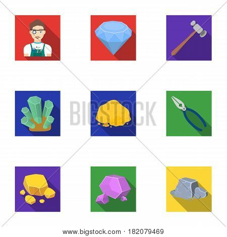 A set of jewelry, crystals, minerals and expensive metals. The jeweler inspects the ornaments.Precious minerals amd jeweler icon in set collection on flat style vector symbol stock web illustration.