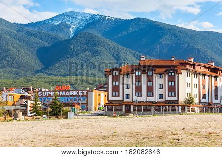 Bansko, Bulgaria - April 14, 2017: Bansko, Bulgaria spring view with aldo, mountains peaks landscape and houses