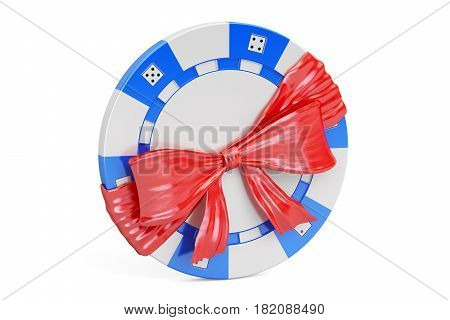 Casino token with bow and ribbon gift concept. 3D rendering isolated on white background