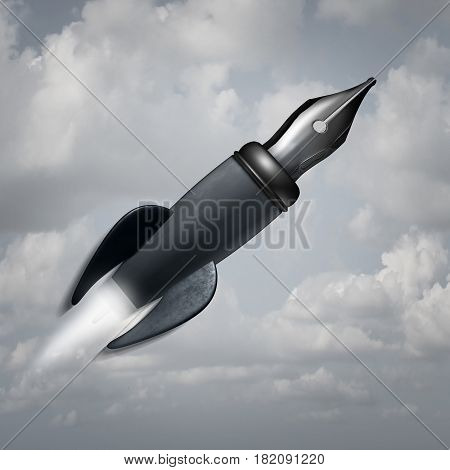 Creative power concept as a pen nib shaped as a fast launched rocket as a business or education metaphor for inspiration and achievement with 3D illustration elements.