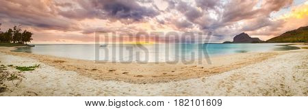 Sandy tropical beach at sunset. Panorama. Mauritius