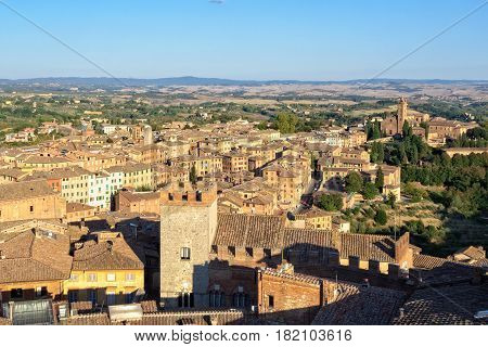 View of Santa Maria dei Servi and surrounding residential area from the Viewing Platform of the Duomo, Faccianote - Siena, Italy