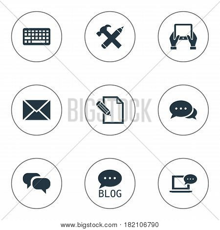 Vector Illustration Set Of Simple Blogging Icons. Elements Gossip, Document, Argument And Other Synonyms Coming, Blog And Missive.