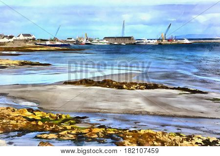 Colorful painting of Killeany bay, Inishmore island, Aran islands, Galway county, Ireland