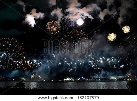 Skyfire 2017 in Canberra Australia. Fireworks during Canberra's annual SkyFire appear above Lake Burley Griffin.