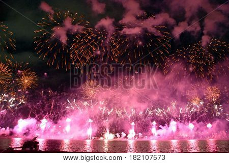 Skyfire 2017 in Canberra Australia. Fireworks during Canberra's annual SkyFire appear above Lake Burley Griffin.