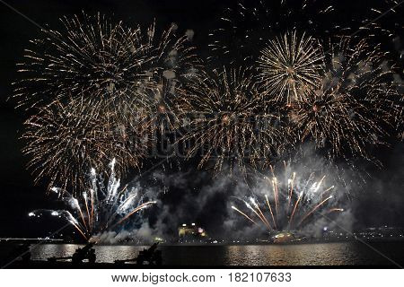 Skyfire 2017 in Canberra Australia. Fireworks during Canberra's annual SkyFire appear above Lake Burley Griffin.