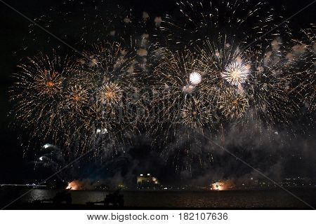 Skyfire 2017 in Canberra Australia. Fireworks during Canberra's annual SkyFire appear above Lake Burley Griffin.