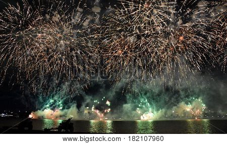 Skyfire 2017 in Canberra Australia. Fireworks during Canberra's annual SkyFire appear above Lake Burley Griffin.