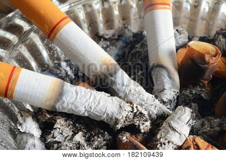 A close up image of lit cigarettes in a dirty ashtray.