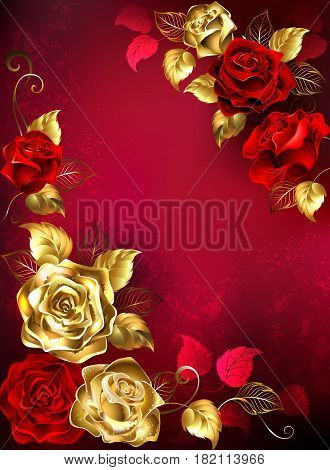 Greeting card with red jewelry roses on red background