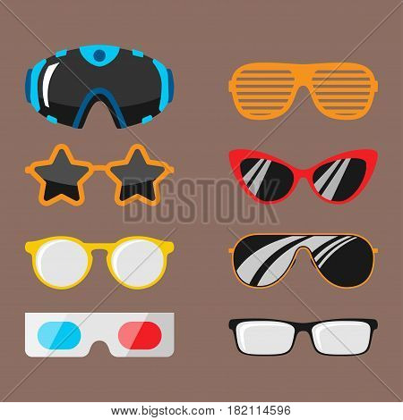 Fashion set sunglasses design retro accessory sun optical view object and spectacles vintage plastic frame modern eyeglasses vector illustration. Elegance summer sight shape classic reflection wear.