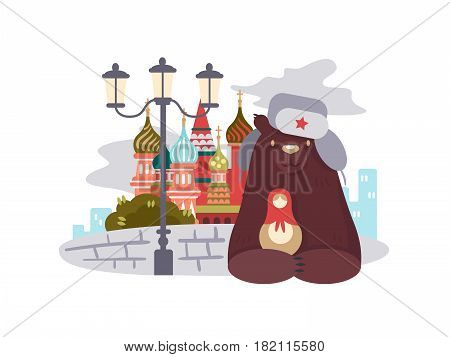 City of Moscow. Red square and Kremlin building, bear and nesting doll. Vector illustration