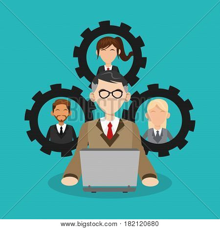 man with laptop commputer over gear wheels and blue background. human resources concept. colorful design. vector illustration